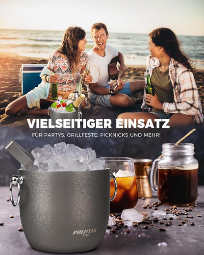 POLIVIAR Ice Bucket, 2.5L Double Wall Ice Bucket with Lid, Stainless Steel Ice Bucket with Tong & Strainer, Ice Bucket for Cocktail Bar, Home & Parties, JX2023-IBLU