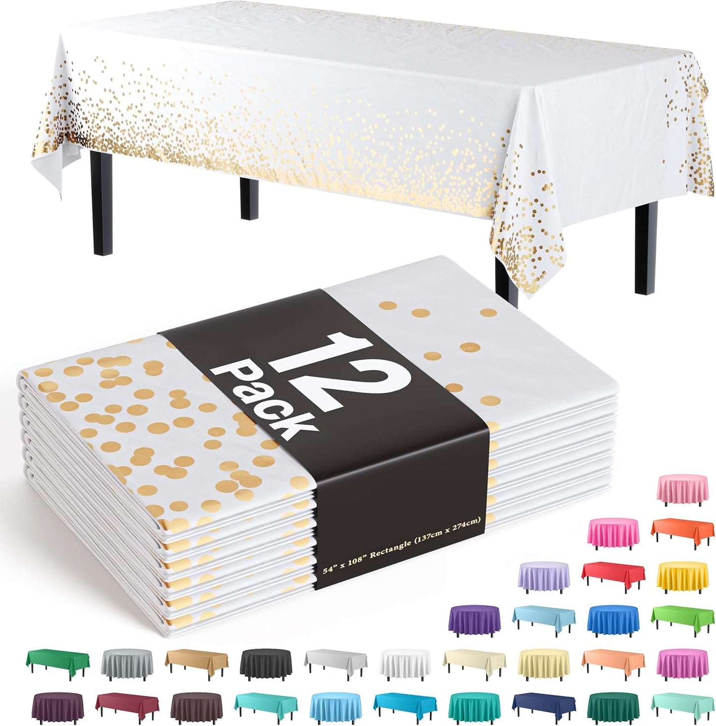 12-Pack Premium Plastic Tablecloth 54in. x 108in. Rectangle Table Cover - Dark Blue - Colors A