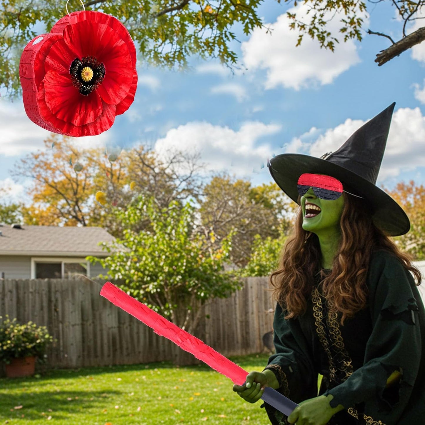 Kasyat Wizard Theme Party Decorations Red Poppy Piñata Game Set Poppy Flower Piñata with Bat Stick Blindfold Mask Birthday Party Decor for Red Floral Wizard Birthday Baby Shower Game Supplies (Flower)