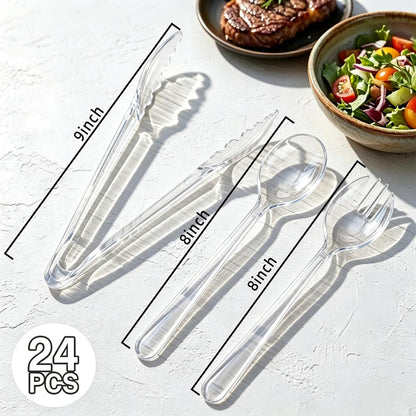 24 Pcs Black Plastic Serving Utensils Set - Heavy Duty Disposable Serving Spoons, Forks & Tongs (8 of Each) - BPA-Free Catering Supplies for Buffets, Parties, Weddings & Events (9 Inch)