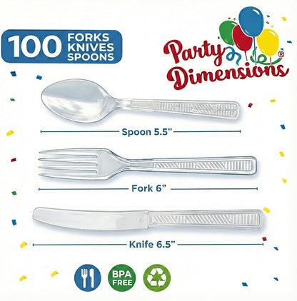Party Dimensions 300 Count Plastic Cutlery Combo Box, Disposable Clear Plastic Silverware Utensils Set, 100 Forks, 100 Spoons, 100 Knives