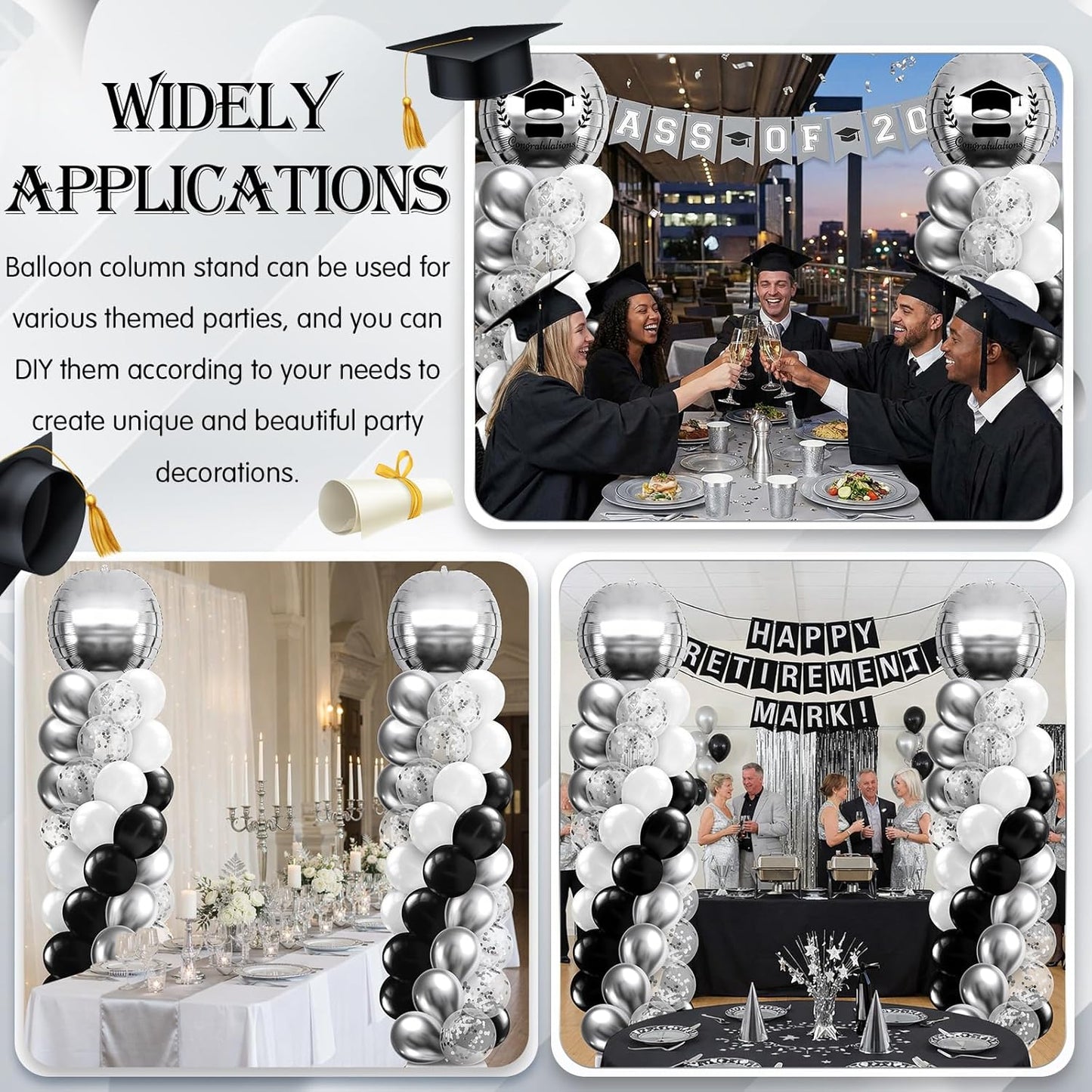 2 Sets Blue and Black White Graduation Balloon Column Stand Kit for Class of 2026, Adjustable Floor Balloon Arch Tower with Foil & Latex Balloons, DIY Decor for Grad Ceremony Backdrop