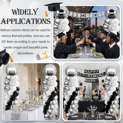 2 Sets Blue and Black White Graduation Balloon Column Stand Kit for Class of 2026, Adjustable Floor Balloon Arch Tower with Foil & Latex Balloons, DIY Decor for Grad Ceremony Backdrop