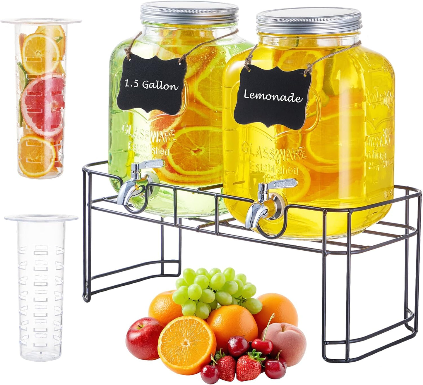 1 Gallon Glass Drink Dispensers for Parties, 2PACK Beverage Dispenser with Stand, Fruit Infuser and Stainless Steel Spigot 100% Leakproof, Beverage Dispenser for Lemonade Sun Tea