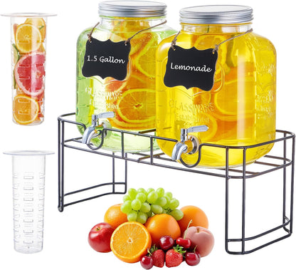 1 Gallon Glass Drink Dispensers for Parties, 2PACK Beverage Dispenser with Stand, Fruit Infuser and Stainless Steel Spigot 100% Leakproof, Beverage Dispenser for Lemonade Sun Tea