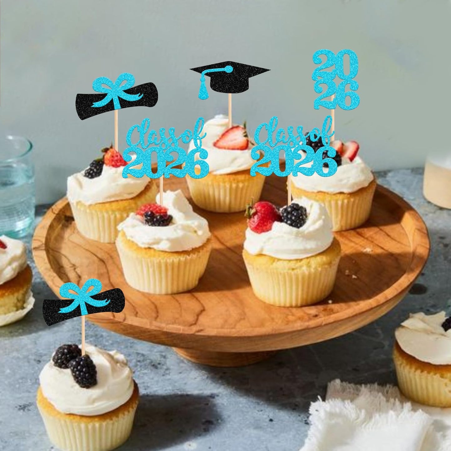 36 PCS 2026 Graduation Theme Cupcake Toppers Glitter Class of 2026 Grad Cap Diploma Cupcake Picks 2026 Graduation Theme Party Cake Decorations Supplies Deep Blue