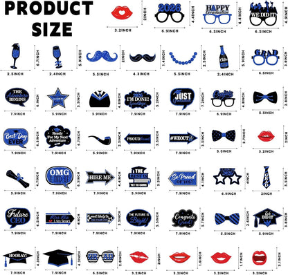 46Pcs Blue Gold Graduation Photo Booth Props 2026 Graduation Decorations with Sticks Class of 2026 Grad Party Favors Supplies for High School & College