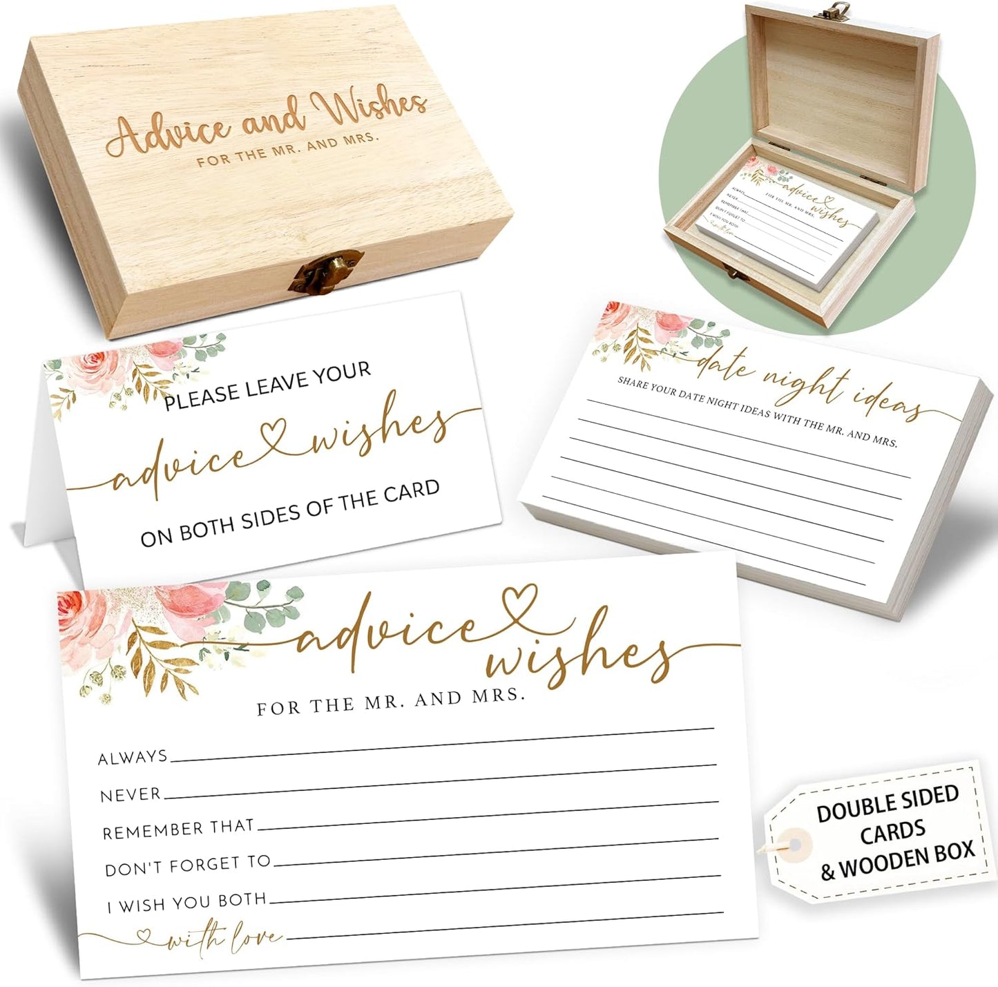 Boho Advice and Wishes for the Mr and Mrs - 50 Packs Wedding Advice Cards Bridal Shower Game Cards with Box Reception Guest Book for Bride Groom Newlywed Engagement Party Decoration -A08