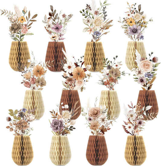12 PCS Spring Boho Flower Honeycomb Centerpieces for Wildflower Party Table Decorations 3D Boho Floral Table Centerpieces Wildflower Tables Toppers for Wedding Birthday Baby Shower Party Home Decor