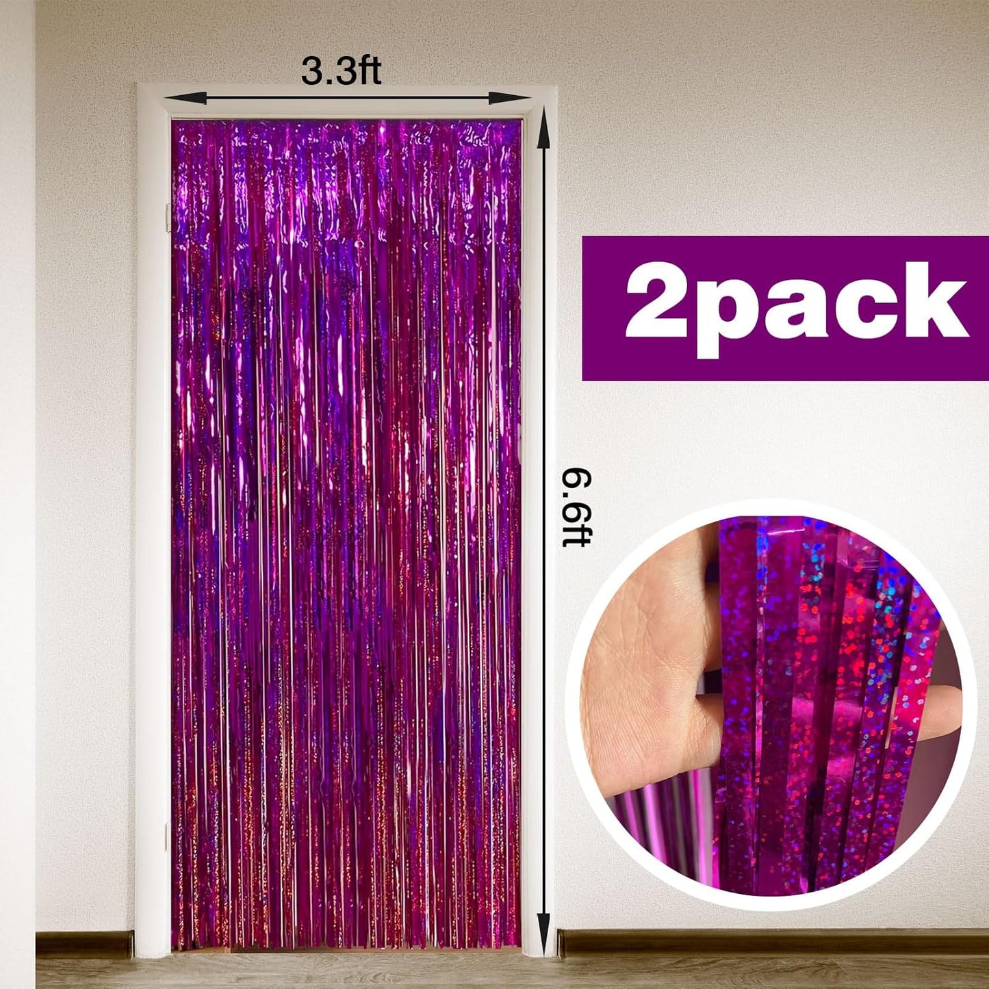 2 Pack Shiny Silver Tinsel Foil Fringe Curtains, 3.3ft x 6.6ft Iridescent Streamers Party Photo Backdrop for Birthday, Wedding, Engagement, Bachelorette Party Decoration