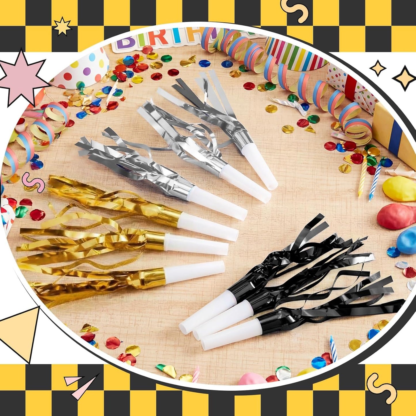 Sumind 24 Pcs Gold Noise Makers Metallic Fringed Party Blowers Horns Whistles Noisemakers Party Favors for Adults Birthday Graduation Sporting Events Celebration Surprise Supplies