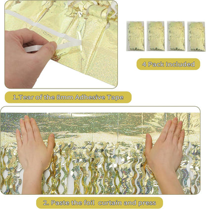 4 Pack Wavy Champagne Gold Metallic Tinsel Foil Fringe Curtains Backdrop - 3.3X6.6ft Foil Fringe Backdrop for Parties | Door Streamers for Birthday | Photo Booth Backdrops Party Decor