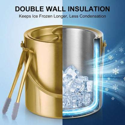 Gold Ice Bucket with Lid, Handle and Tong Insulated Stainless Steel Champagne Bucket 3L Wine Bucket for Party Bar Cart Accessories Large Double Wall Bucket Keep Frozen