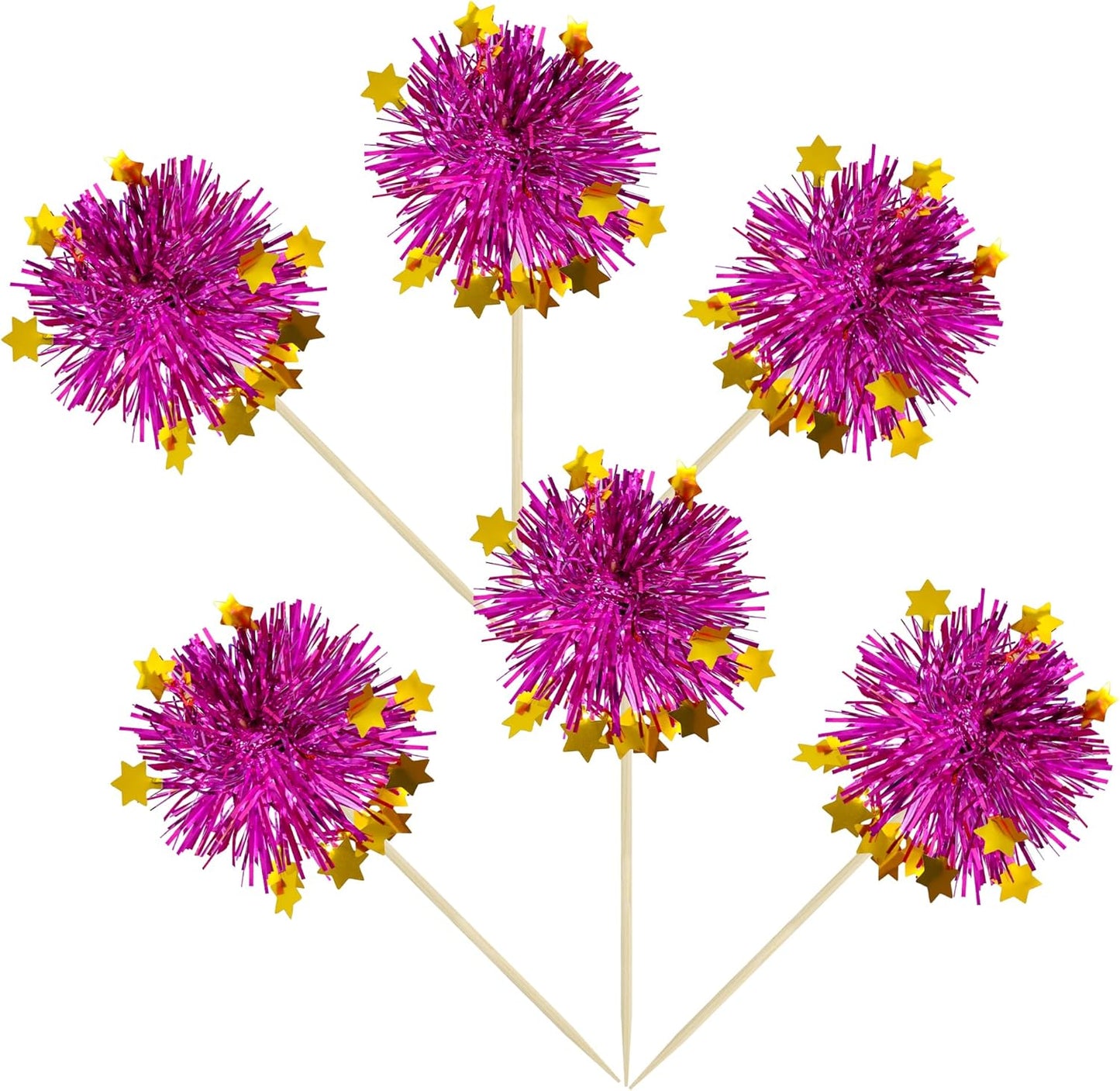Ephlyn 30Pcs Foil Firework Cupcake Toppers Sparkle Tinsel Cupcake Picks Drink Stirrers Cocktail Food Fruit Toothpicks for Baby Shower Graduation Party Supplies White