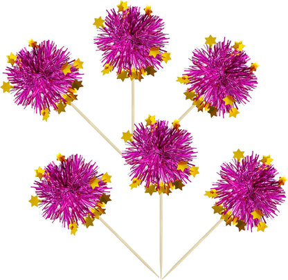 Ephlyn 30Pcs Foil Firework Cupcake Toppers Sparkle Tinsel Cupcake Picks Drink Stirrers Cocktail Food Fruit Toothpicks for Baby Shower Graduation Party Supplies White