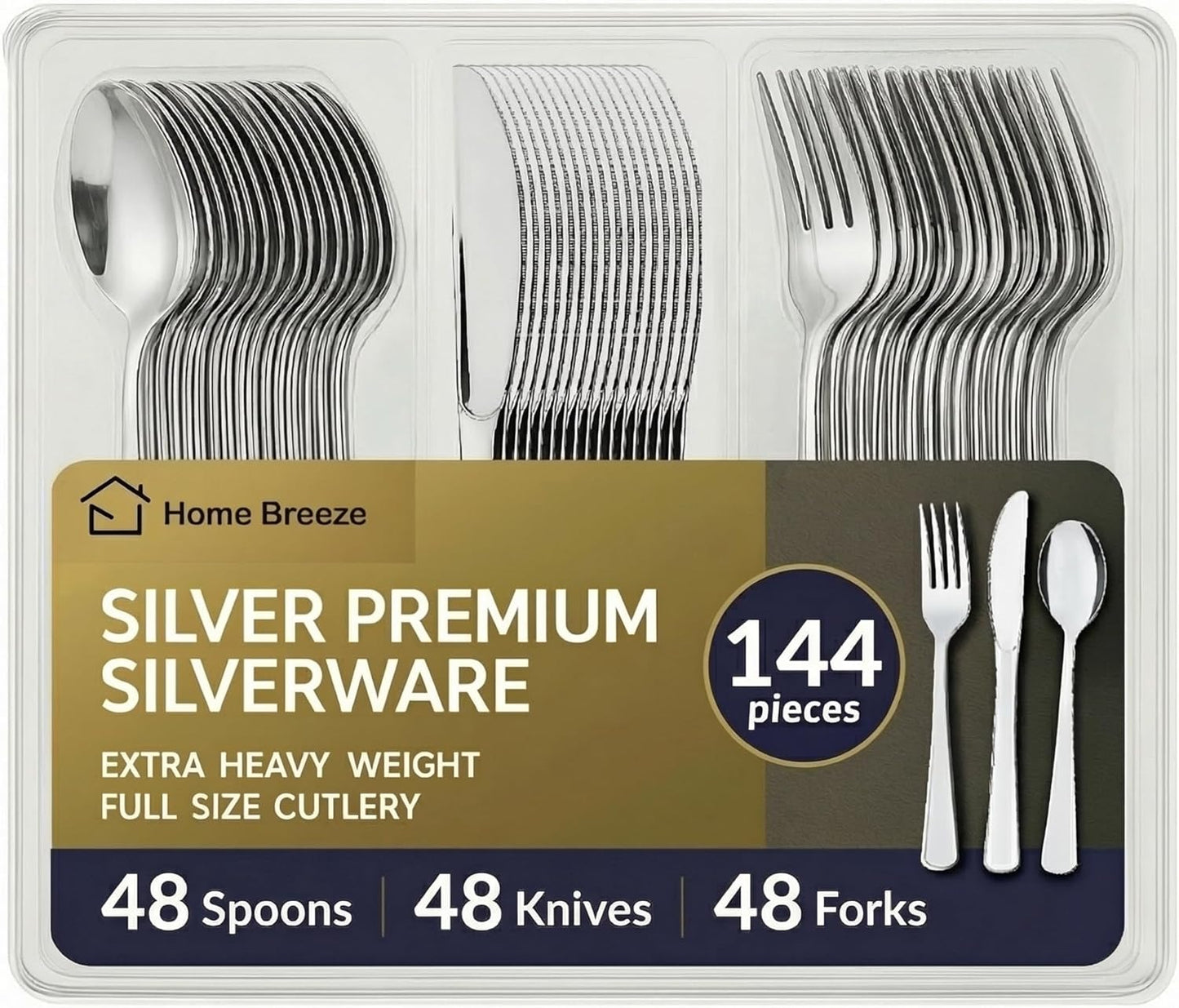 144 Pack Gold Premium Heavy Duty Plastic Silverware, 48 Forks, 48 Spoons, 48 Knives, For Catering, Parties, Dinners and Weddings, BPA-Free, Disposable Plastic Cutlery Set Utensils Set