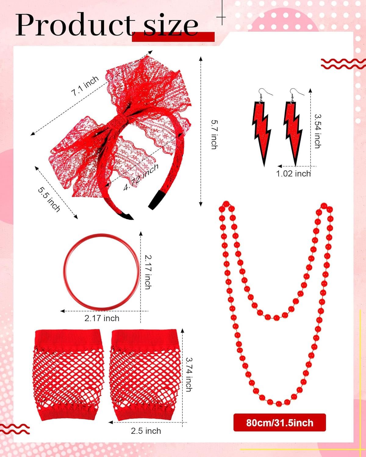 Blulu 80s Accessories Women Lace Headband Earrings Fishnet Gloves Necklace Bracelet for 80s Retro Party Halloween