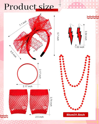 Blulu 80s Accessories Women Lace Headband Earrings Fishnet Gloves Necklace Bracelet for 80s Retro Party Halloween
