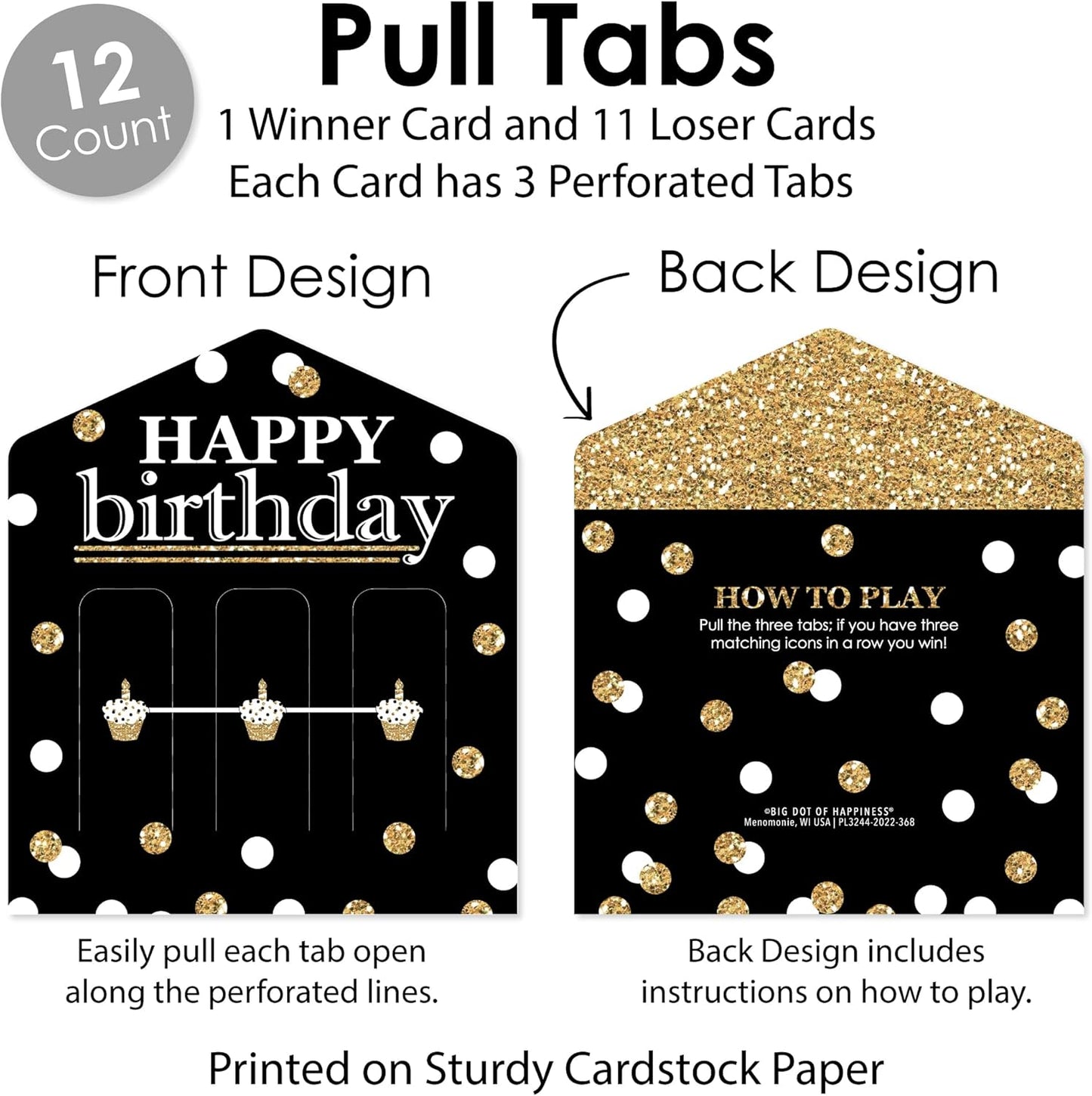 Big Dot of Happiness Adult Happy Birthday - Gold - Birthday Party Game Pickle Cards - Pull Tabs 3-in-a-Row - Set of 12