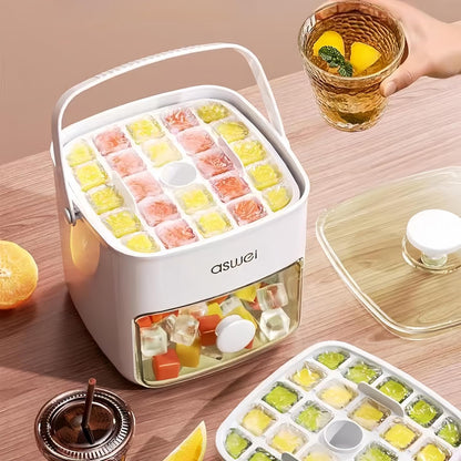 Compact Ice Cube Tray with Lid and Bin, Mini Press-Type Ice Cube Maker for Freezer, Space-Saving Small Ice Bucket with Tongs for RV, Office, Mini Ice Cube Trays & Water Bottles, BPA-Free (Green)