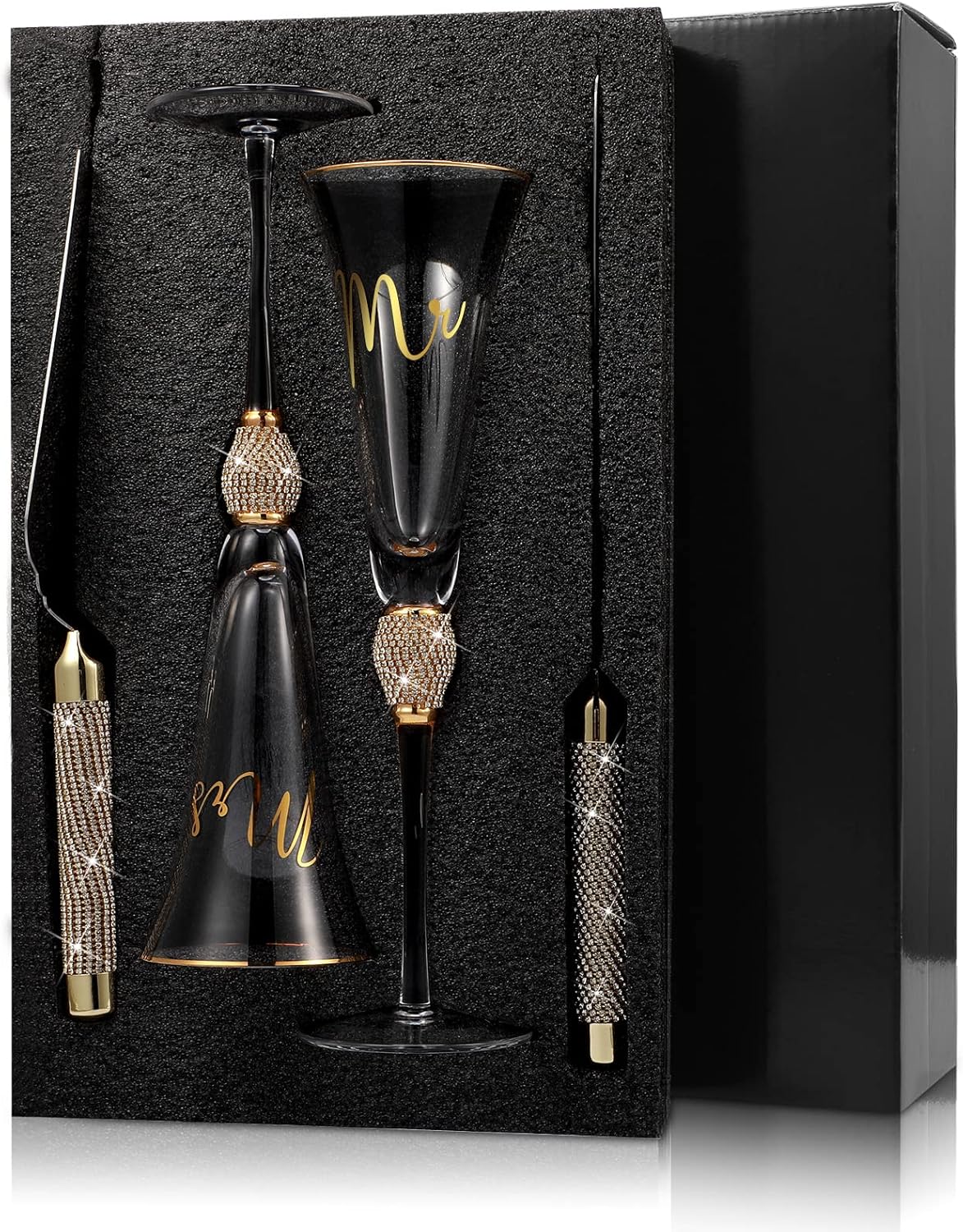 Boao 4 Piece Mr and Mrs Champagne Flutes and Cake Knife Server Set Crystal Wedding Toasting Flutes Rhinestone Cake Cutting Set for Bride and Groom Wedding Engagement Bridal Shower Gifts(Silver)