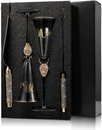 Boao 4 Piece Mr and Mrs Champagne Flutes and Cake Knife Server Set Crystal Wedding Toasting Flutes Rhinestone Cake Cutting Set for Bride and Groom Wedding Engagement Bridal Shower Gifts(Silver)