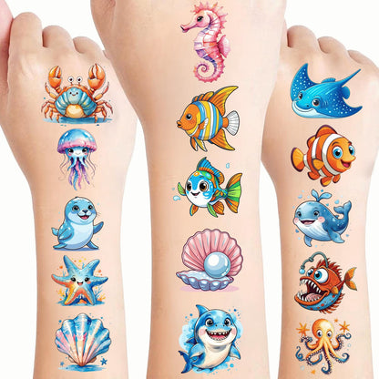 108 PCS Ocean Sea Animal Shark Whale Fish Pre-Cut Temporary Tattoos | Super Cute Themed Birthday Party Favors, Supplies, Decorations, Fake Tattoo Stickers