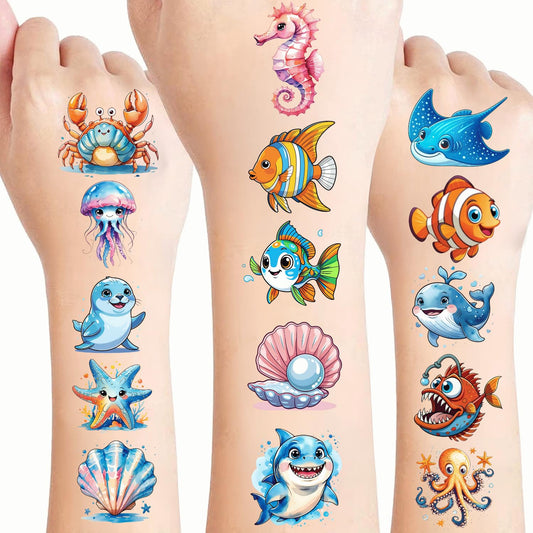 108 PCS Ocean Sea Animal Shark Whale Fish Pre-Cut Temporary Tattoos | Super Cute Themed Birthday Party Favors, Supplies, Decorations, Fake Tattoo Stickers