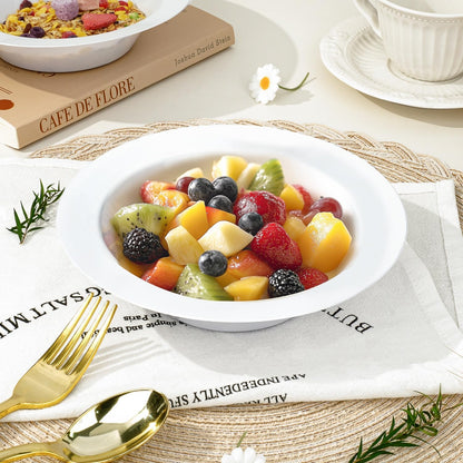 BESTVIP 100 Pack Plastic Bowls with Gold Rim, 12 oz Disposable Soup Bowls, Heavy-duty Dessert Salad Bowl for Party, Wedding, Christmas, Dinner, Catering