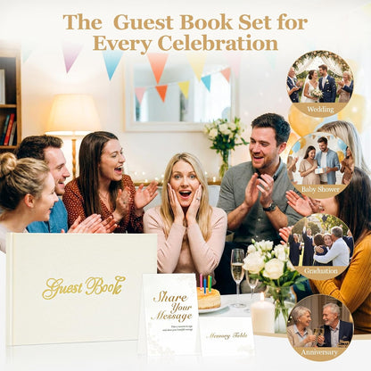 Guest Book for All Occasions – White Hardcover with Gold Foil, 120 Acid-Free Blank Pages, Includes Table Sign & Welcome Card | 8.66x6.69 Sign-in Book for Wedding, Party & Memorial