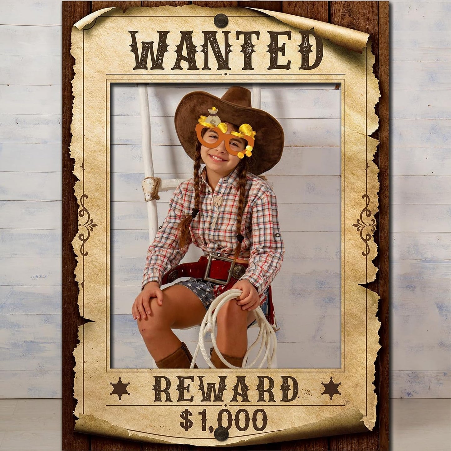 Jenaai 25 Pcs Western Cowboy Photo Booth Props with Wanted Frame, Wild West Party Decorations, Funny Paper Eyeglasses & Prop Kit for Rodeo Theme Birthday, Bachelorette Party Supplies Selfie Favors