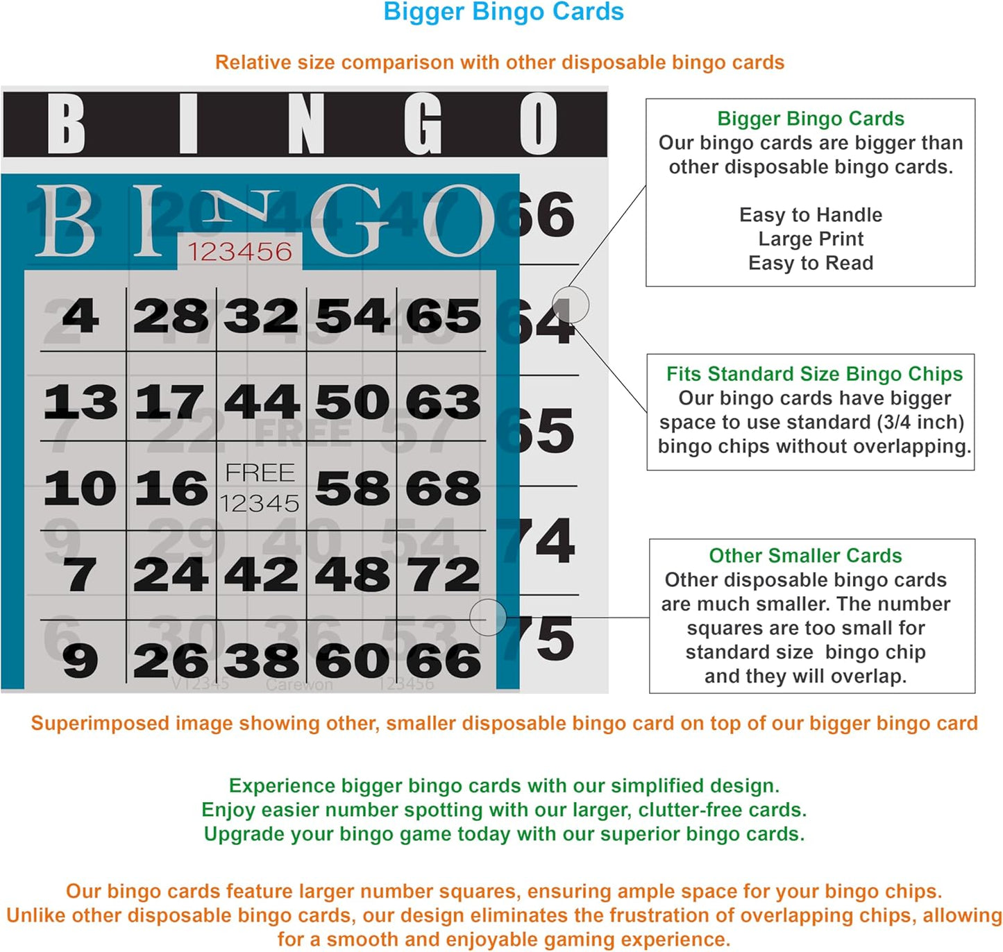 200 Bingo Cards, Large 4.5" x 4.5", Paper Bingo Sheets, Disposable or Reusable for Daubers or Chips