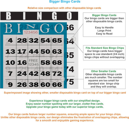 200 Bingo Cards, Large 4.5" x 4.5", Paper Bingo Sheets, Disposable or Reusable for Daubers or Chips