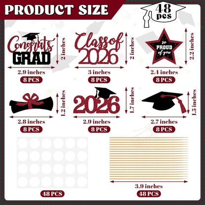 48 PCS Graduation Cupcake Toppers, Glittery 6 Styles Congrats Grad Cake Topper, Black and Red Graduation Decorations 2026, Cap and Diploma Cake Picks for Grad Party Supplies