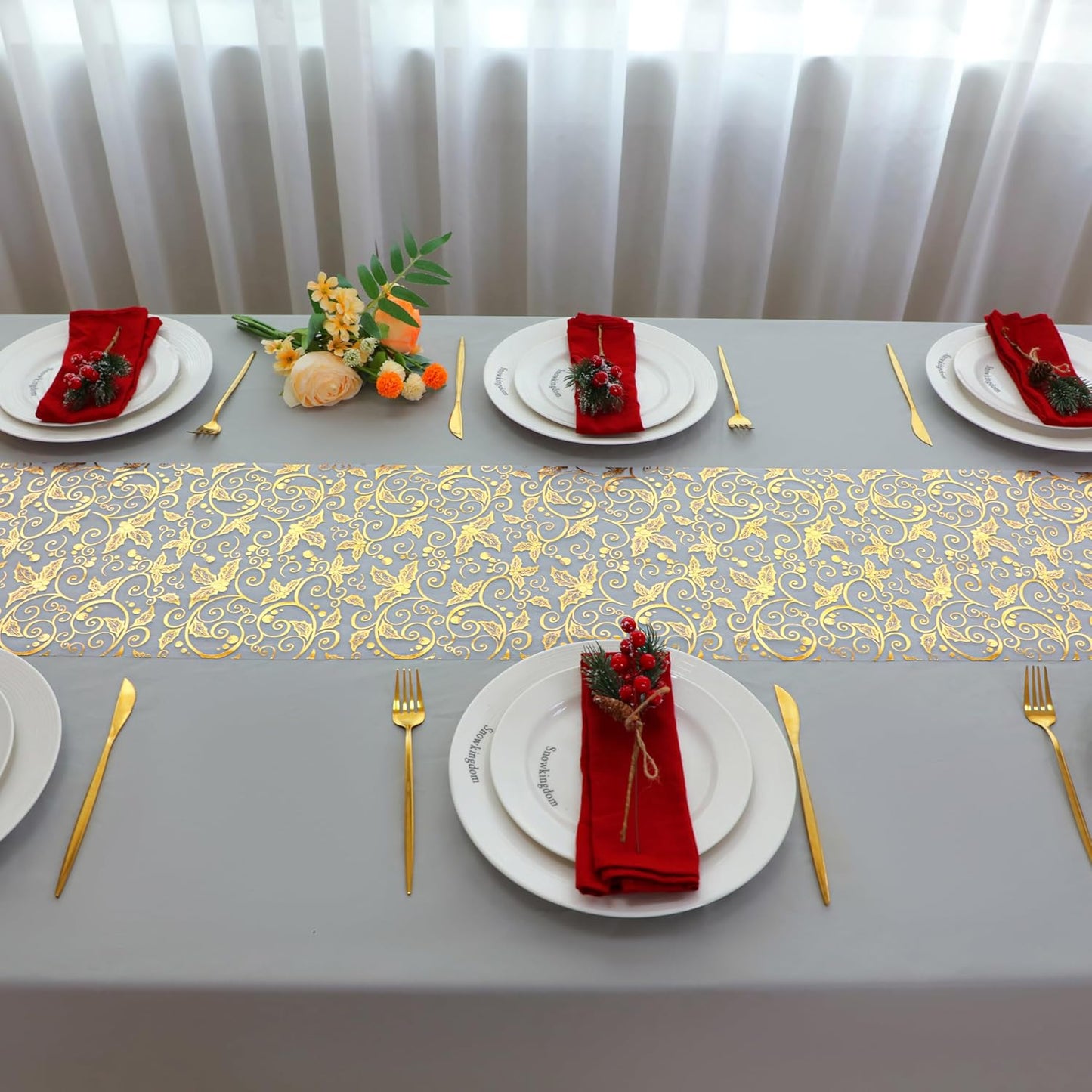 Snowkingdom 2 Pieces Gold Table Runner, Sequin Glitter Foil Metallic Thin Mesh Runner Roll 11"x108", Gold Table Decorations for Event Party, Wedding, Birthday Party, Christmas