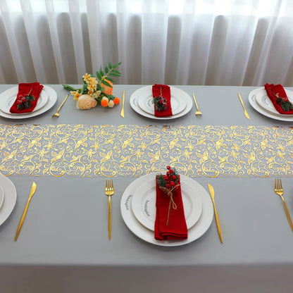 Snowkingdom 2 Pieces Gold Table Runner, Sequin Glitter Foil Metallic Thin Mesh Runner Roll 11"x108", Gold Table Decorations for Event Party, Wedding, Birthday Party, Christmas