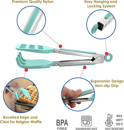 Mini Waffle Tongs by StarBlue Green – 8 Inches Silicone and Nylon Serving Tongs with Non-Slip Smooth Handles, Non-Scratch and Dishwasher Safe, Multipurpose Spatula for Belgian Waffle Serving