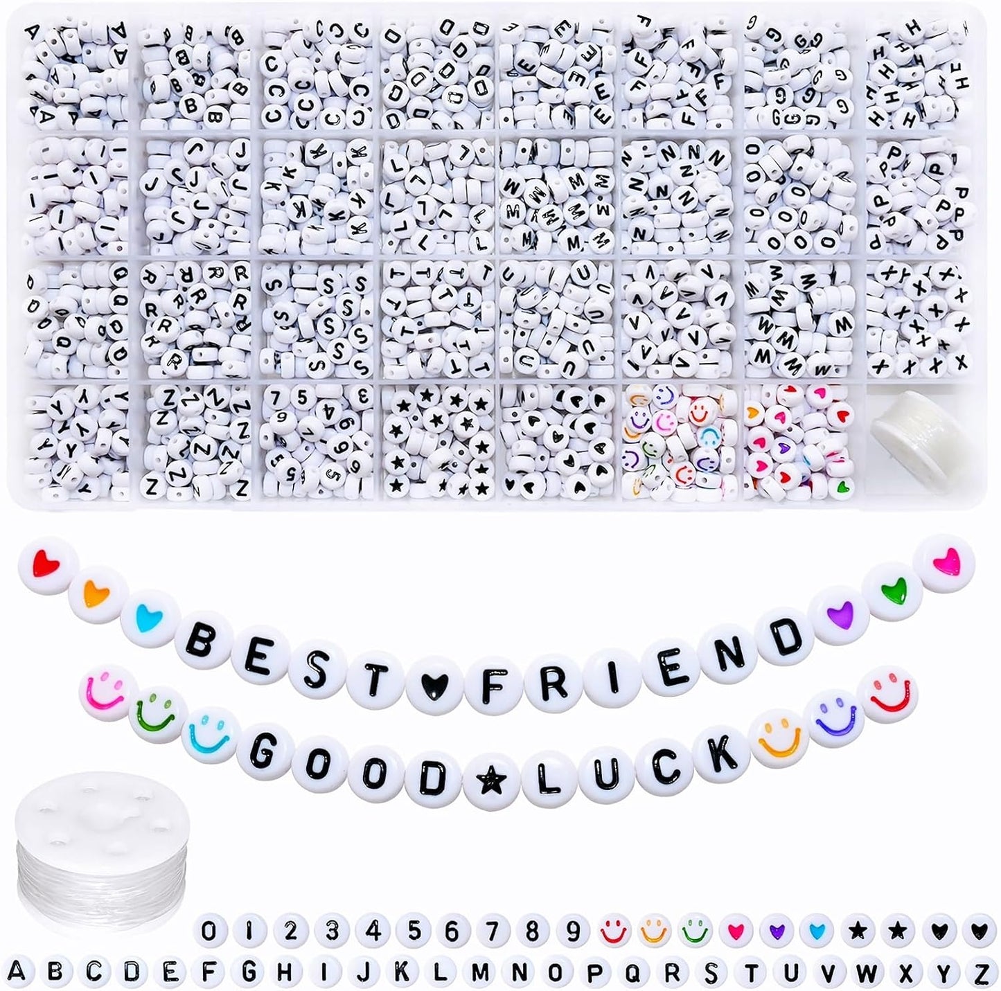 Amaney 1400pcs Glow Letter Beads, Heart Beads Whit Elastic Beading Cord,4x7mm Round Acrylic Alphabet Beads for Friend Bracelet Jewelry Making