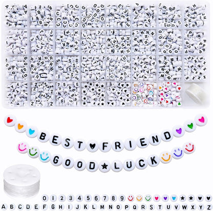 Amaney 1400pcs Glow Letter Beads, Heart Beads Whit Elastic Beading Cord,4x7mm Round Acrylic Alphabet Beads for Friend Bracelet Jewelry Making