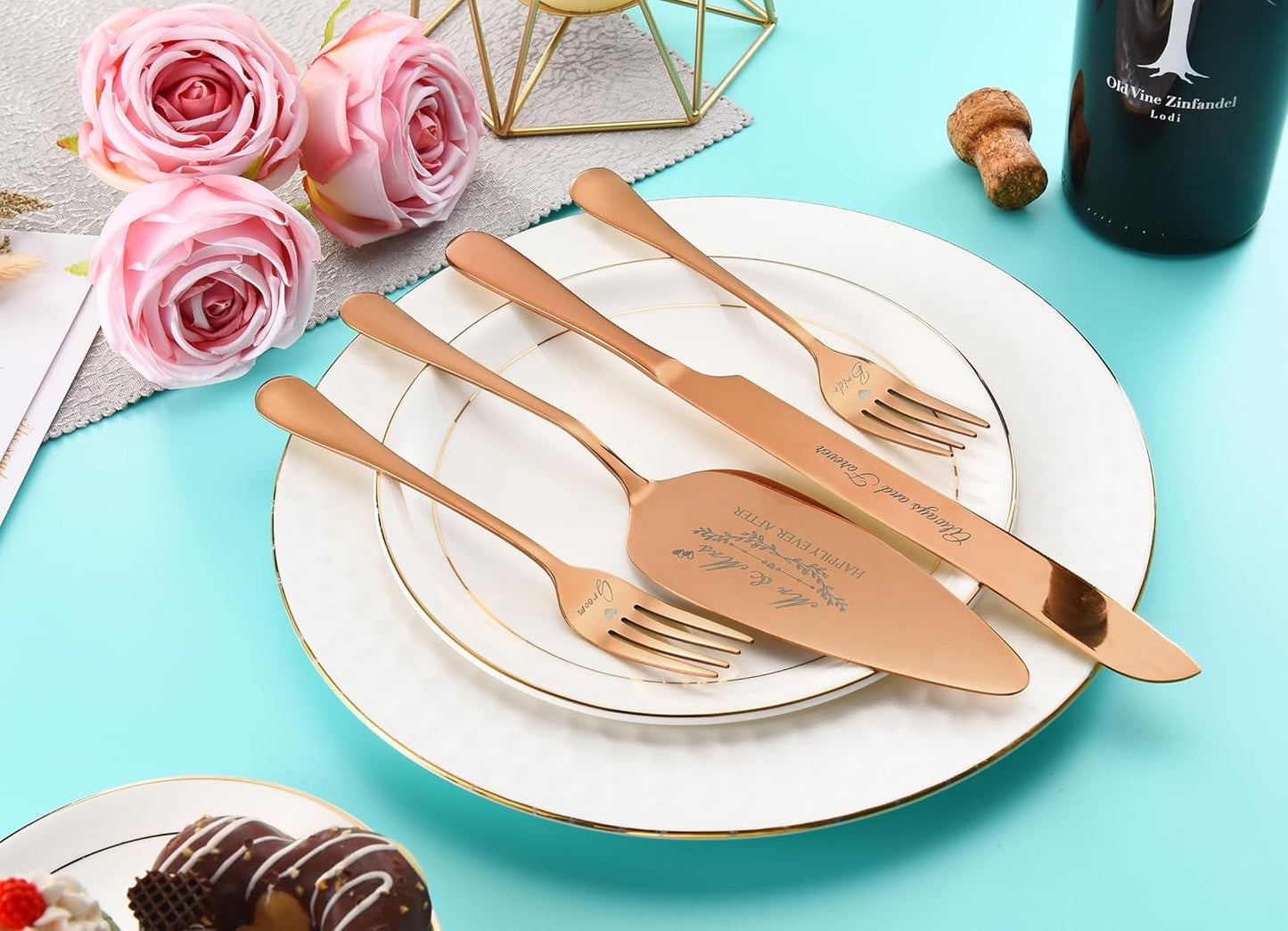 Wedding Cake Knife and Server Set, Gold Cake Cutting Set for Wedding, 4 Pieces Set with Forks for Engagements, Anniversaries, Bride and Groom