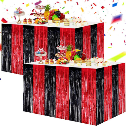 BEISHIDA 2 Pack Metallic Tinsel Foil Fringe Table Skirts for Rectangle & Round Tables Hot Pink Kids' Birthday, Holiday Cartoon Party Decorations for Birthday Valentines Baby Shower Festive Events