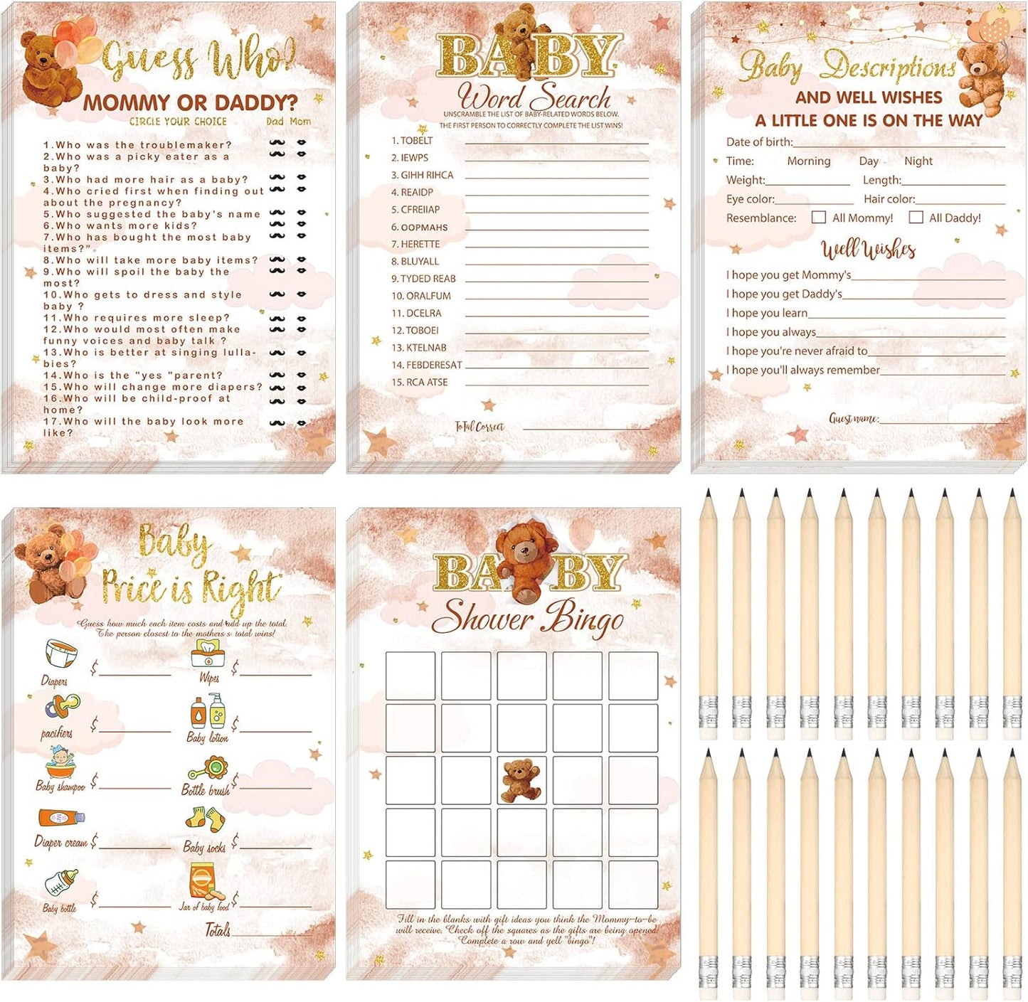 Yinder 145 Pcs Baby Shower Games Activities Cards with 20 Pencils Includes Baby Bingo Description and Wishes Guess Who Price is Right Word Scramble Game(Here Comes the Son)