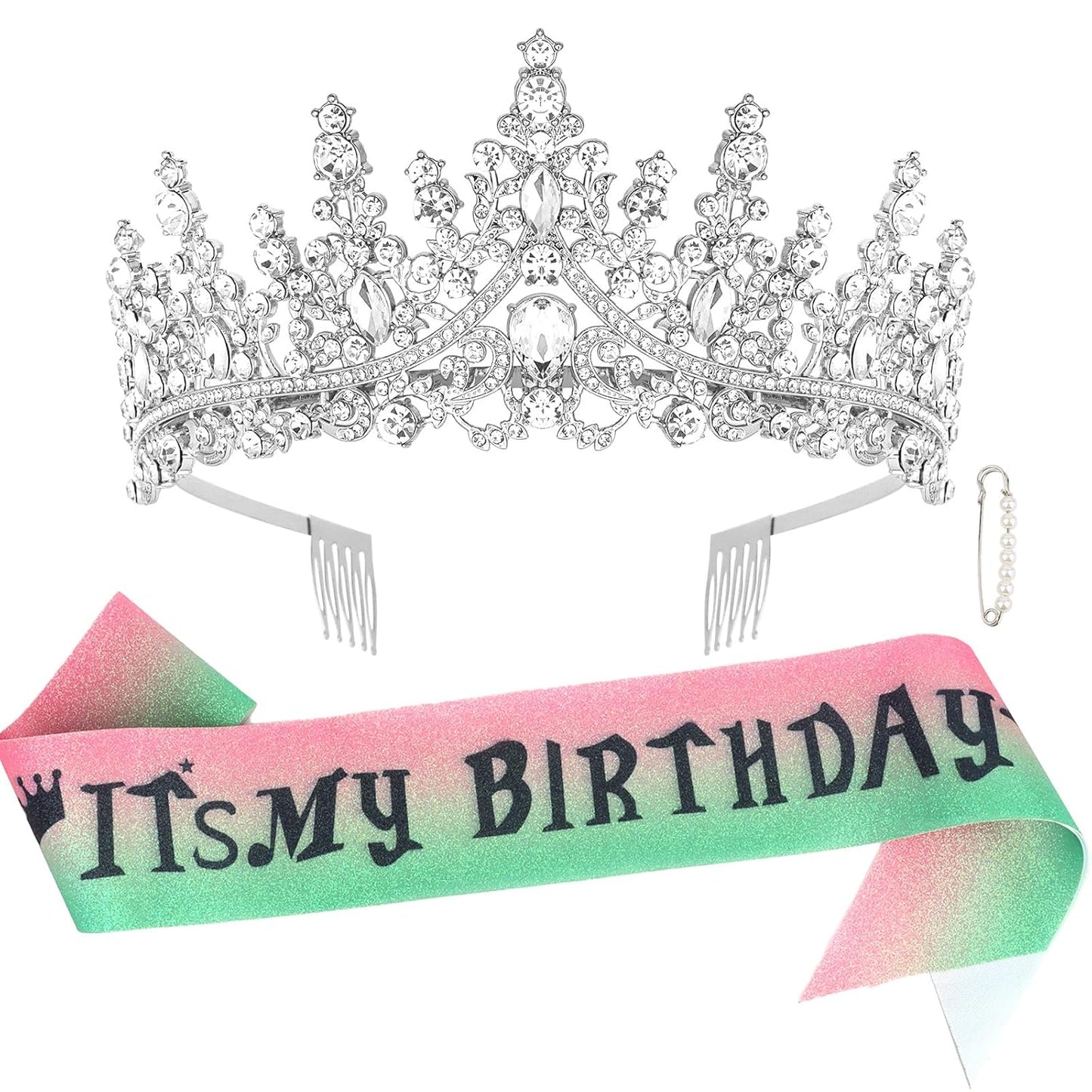 CURASA Birthday Tiara and Sash - Silver Birthday Crown for Women, Perfect for Parties and Celebrations