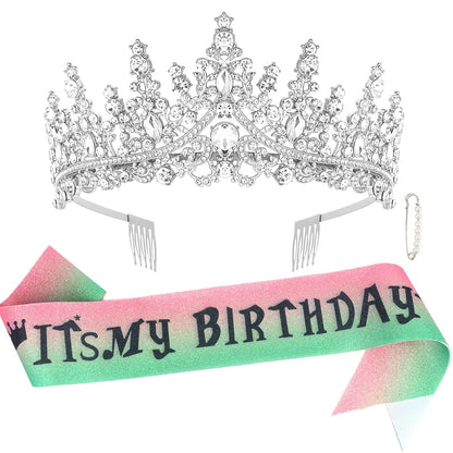 CURASA Birthday Tiara and Sash - Silver Birthday Crown for Women, Perfect for Parties and Celebrations