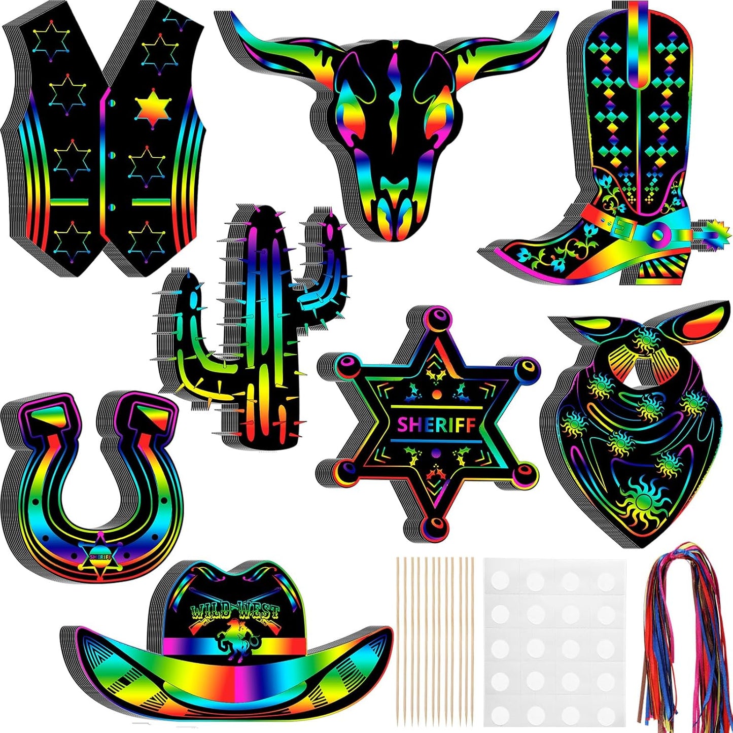 Hungdao 160 Pcs Western Cowboy Scratch Cards for Men Colorful Rainbow Cowboy Scratch Paper Art with Wooden Stylus for Adult Western Theme Birthday Party DIY Activities