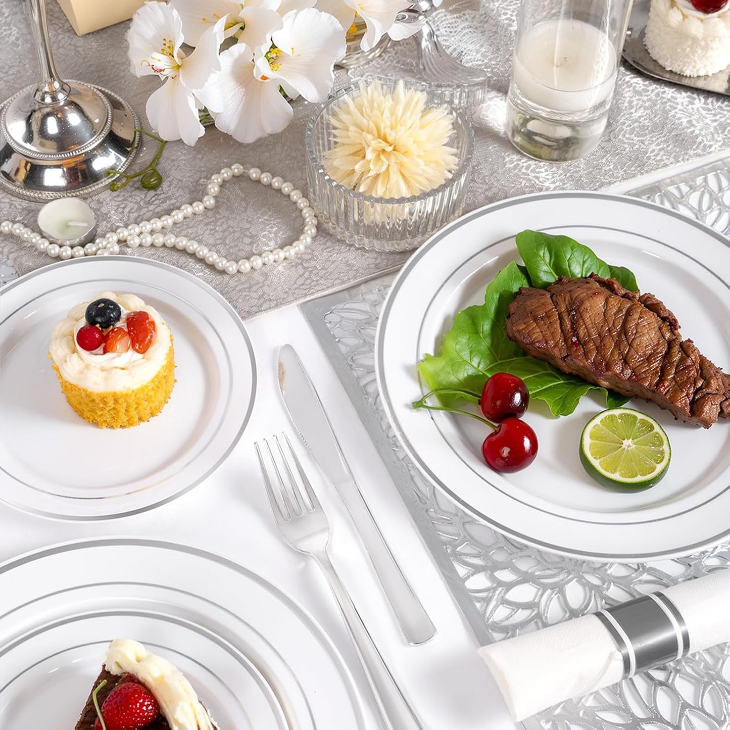 350 Pieces Black and Gold Plastic Plates with Disposable Silverware, Include 50 Dinner Plates 9”, 50 Dessert Plates 6.3”, 50 Black Cups 9 OZ, 50 Pre Rolled Napkins for Wedding Party Graduation