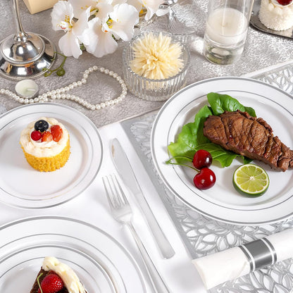 350 Pieces Black and Gold Plastic Plates with Disposable Silverware, Include 50 Dinner Plates 9”, 50 Dessert Plates 6.3”, 50 Black Cups 9 OZ, 50 Pre Rolled Napkins for Wedding Party Graduation