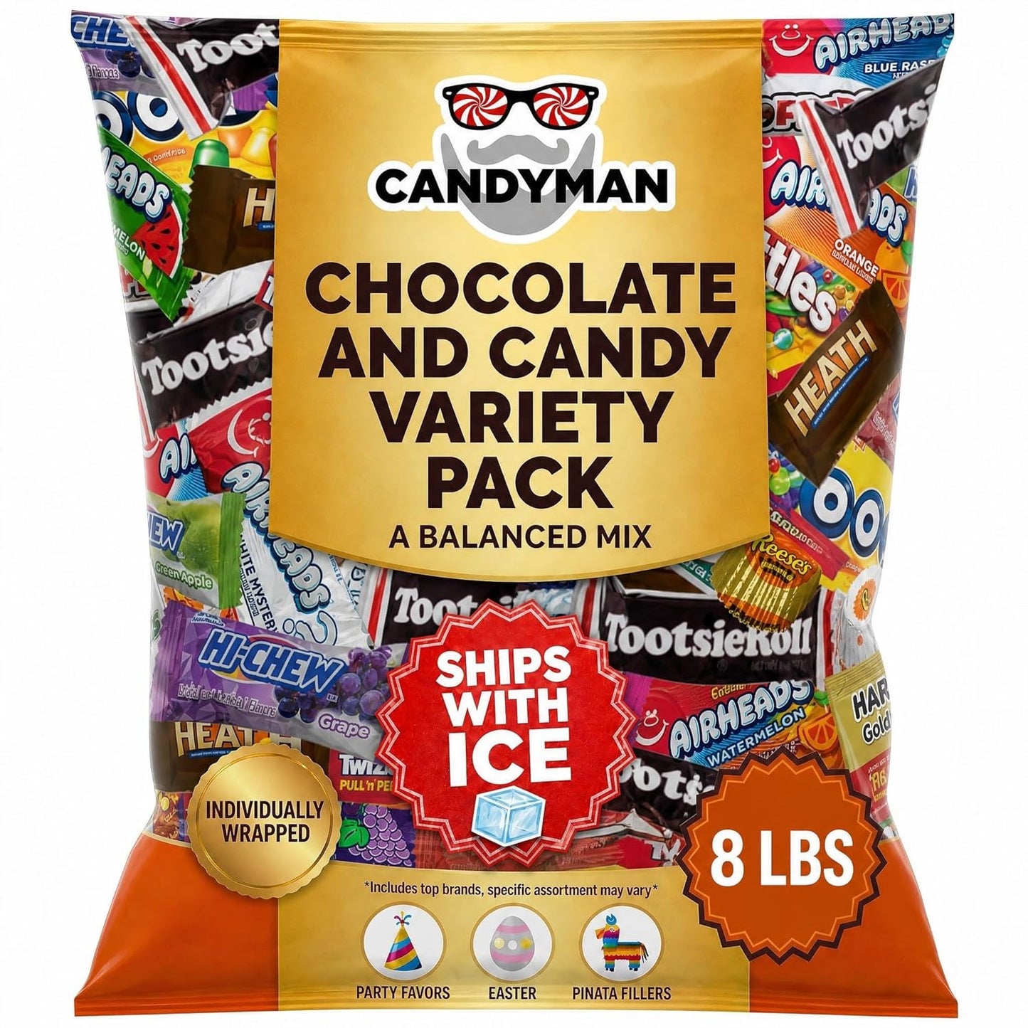 CANDYMAN Bulk Candy Variety Pack - 80+ Pieces, 2 LB Individually Wrapped Chocolate & Candy Mix, Father's Day, Fillers, Piñata Stuffers, Party Favors, Goodie Bags, Father's Day, Ship with Ice