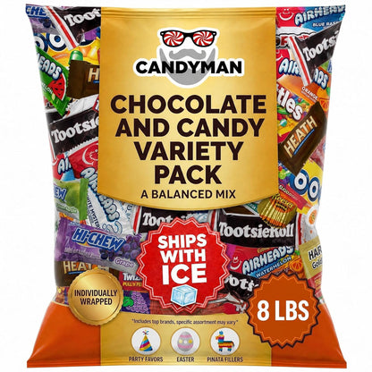 CANDYMAN Bulk Candy Variety Pack - 80+ Pieces, 2 LB Individually Wrapped Chocolate & Candy Mix, Father's Day, Fillers, Piñata Stuffers, Party Favors, Goodie Bags, Father's Day, Ship with Ice