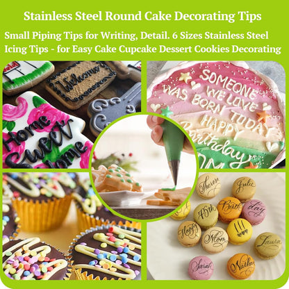 Suuker Round Piping Tips Set, Seamless Stainless Steel Icing Tips Cupcake Frosting Nozzles Small Cake Decorating Tip, Cake Writing Tool for Easy Cake Cupcake Dessert Cookies Decorating, 6 Pieces
